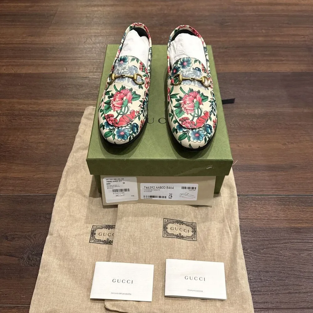 Gucci NWT Moccasin Leather Wexford Brit Roses Multicolor MSRP$1050 Size 39
